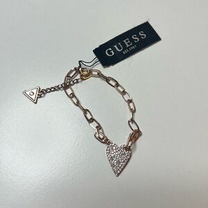 Guess Rose-Gold Tone Sparkly Heart and Logo Charm Bracelet for Women
